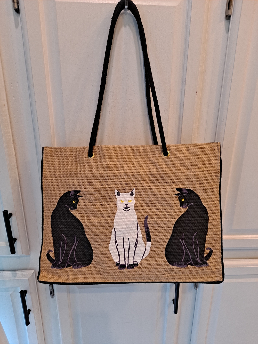HandCraft Worldwide Natural Jute Canvas Tote Black White Cat Motif Artwork